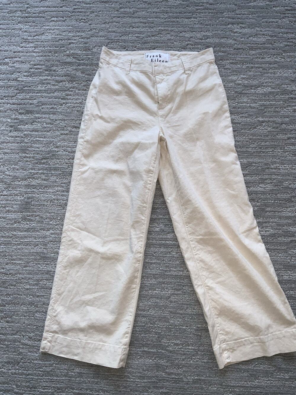 Frank & Eileen Kinsale Linen Blend Cropped Raw Hem Pants Beige Women's 2 USA EUC